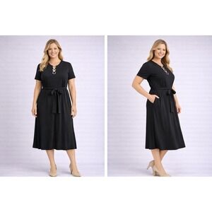 MSK Womens Maxi Dress Large Black Tie Waist Cutout Neck Minimalist Elegant NWT